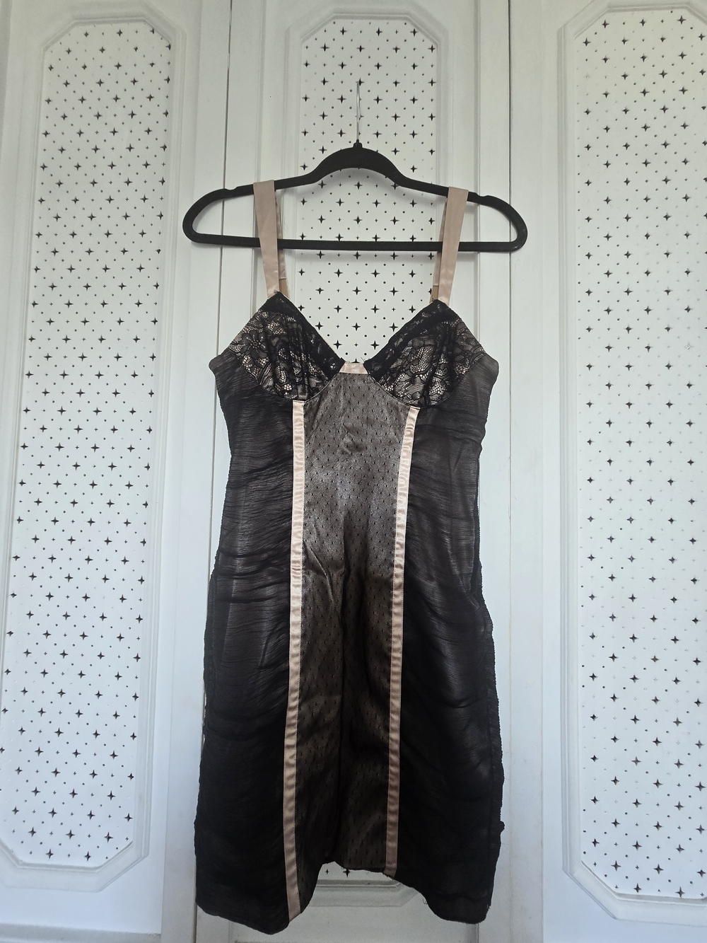 Guess Black Satin Midi Slip Dress with Beige Accents